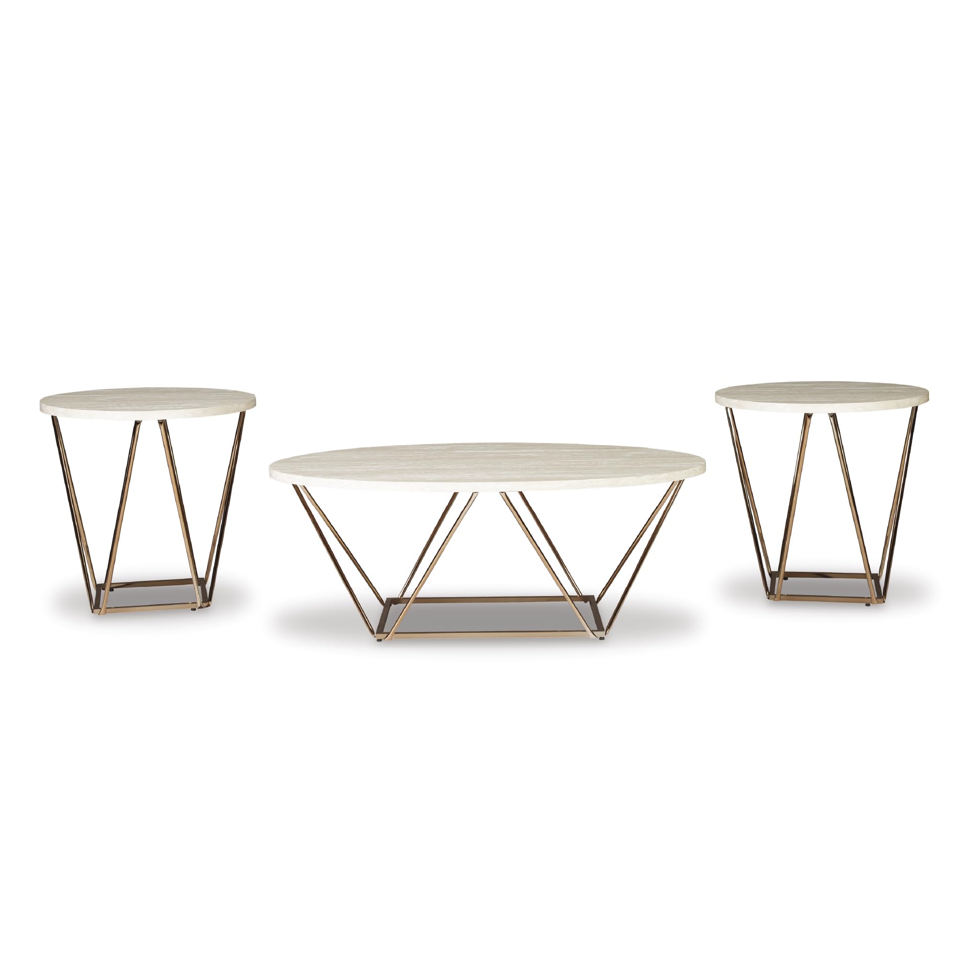 Signature Design by Ashley Tarica Modern 3 Piece Table Set, Includes Coffee & 2 End Tables, White & Gold