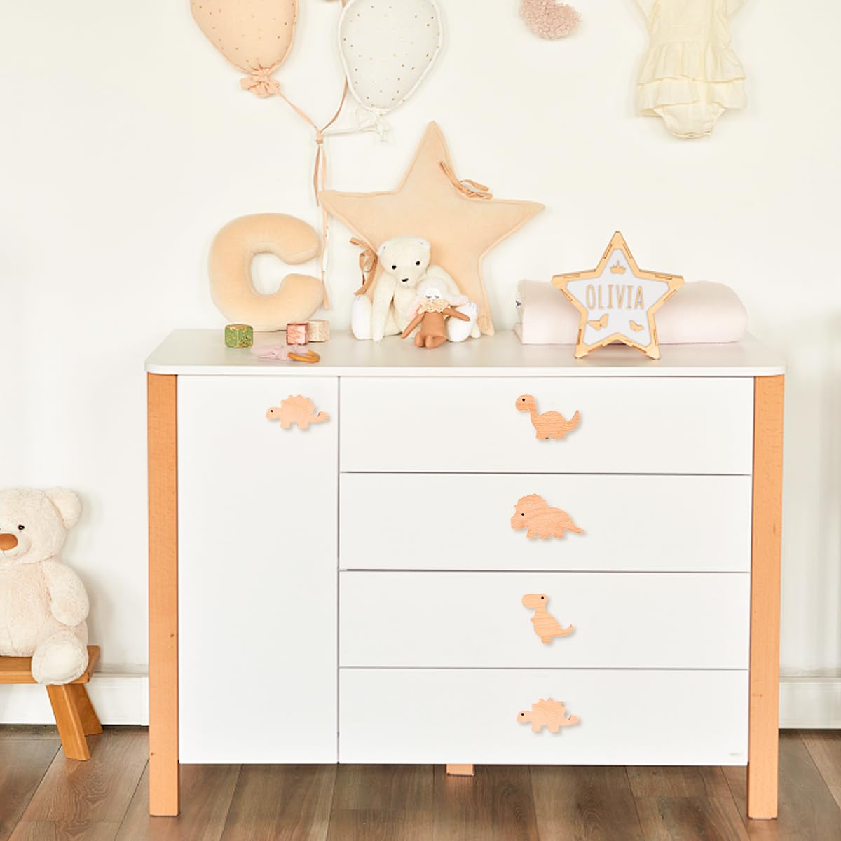 MplehDa Pomelli in Legno per Armadi per Cameretta dei Bambini, 4 Pomelli con Motivi di Animali, 2 in 1, Autoadesivi con Viti, Maniglie in Legno per Armadi, 4 cm x 7 cm, Marrone