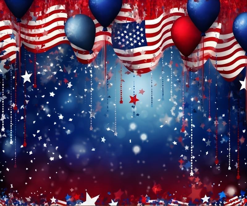 Pnylzzyxh 4th of July Backdrop Patriotic Backdrop American Flag Independence Day Veteran Day Banner Favors Red White Blue Stars Balloons Bokeh Photo