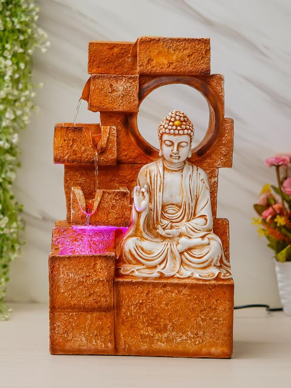 Image of Multicolor Polyresin Tabletop Buddha 5 Step Indoor Water Fountain for Home Decor with LED, Speed Control Pump (Size: 25.5 x 17.5 x 44 CM | Weight: 2525Gram)