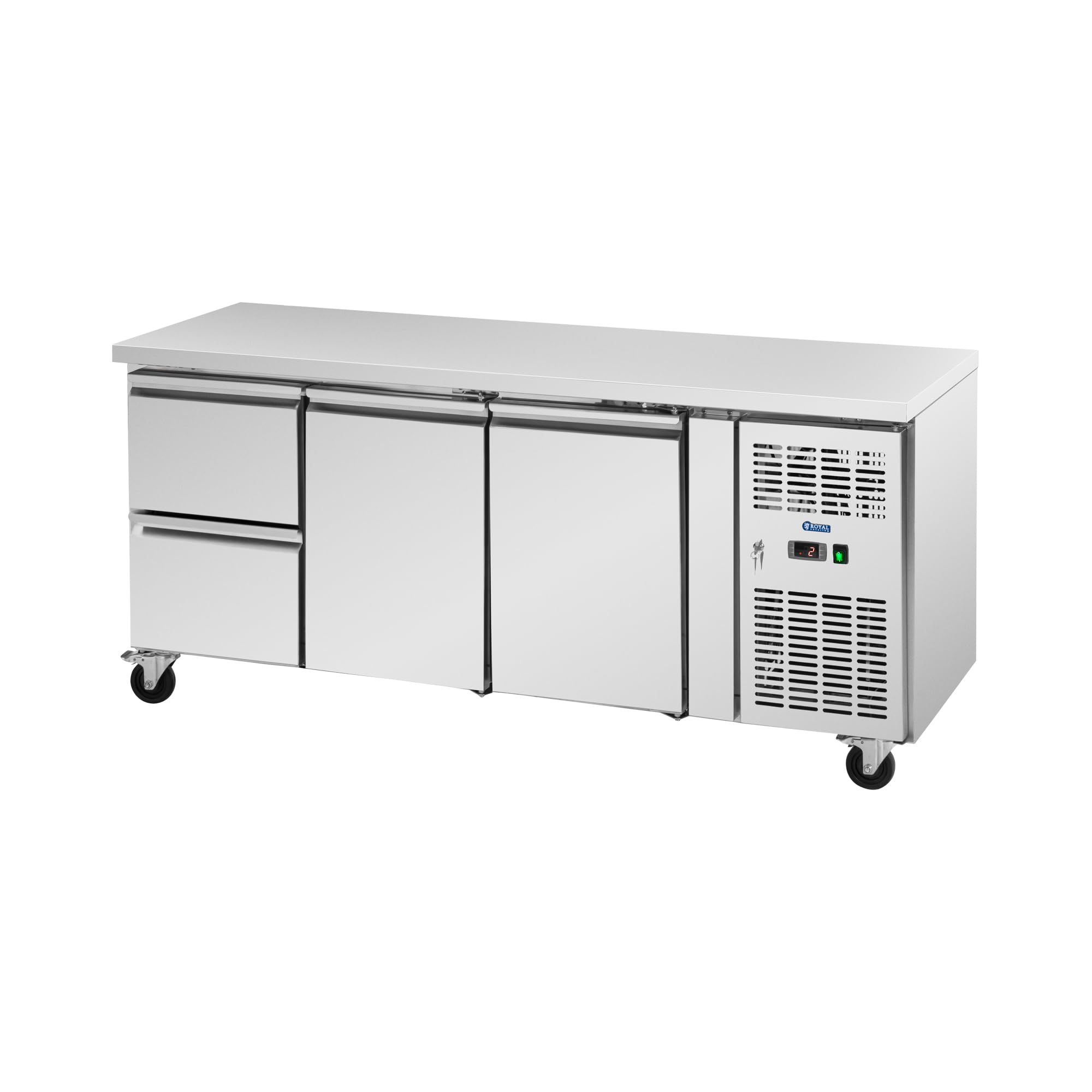 Royal Catering Table réfrigérée sur roulettes 410 l avec 2 compartiments et 2 tiroirs 179,5 x 70 cm Classe B en inox - Table frigo Desserte réfrigérée Table froide