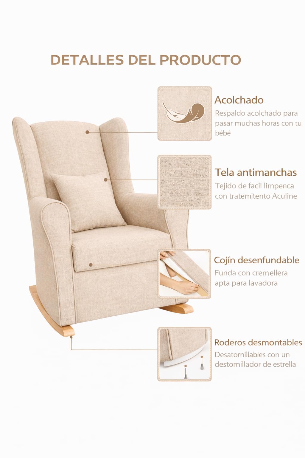 Sillón de Lactancia Balancín Moderno + Cojín Decorativo | Sillón Mecedora para Amamantar, Butaca de Lactancia Cómoda y Fácil Limpieza | Ideal para Bebé, Dormitorio y Salón. (Beig) - 3