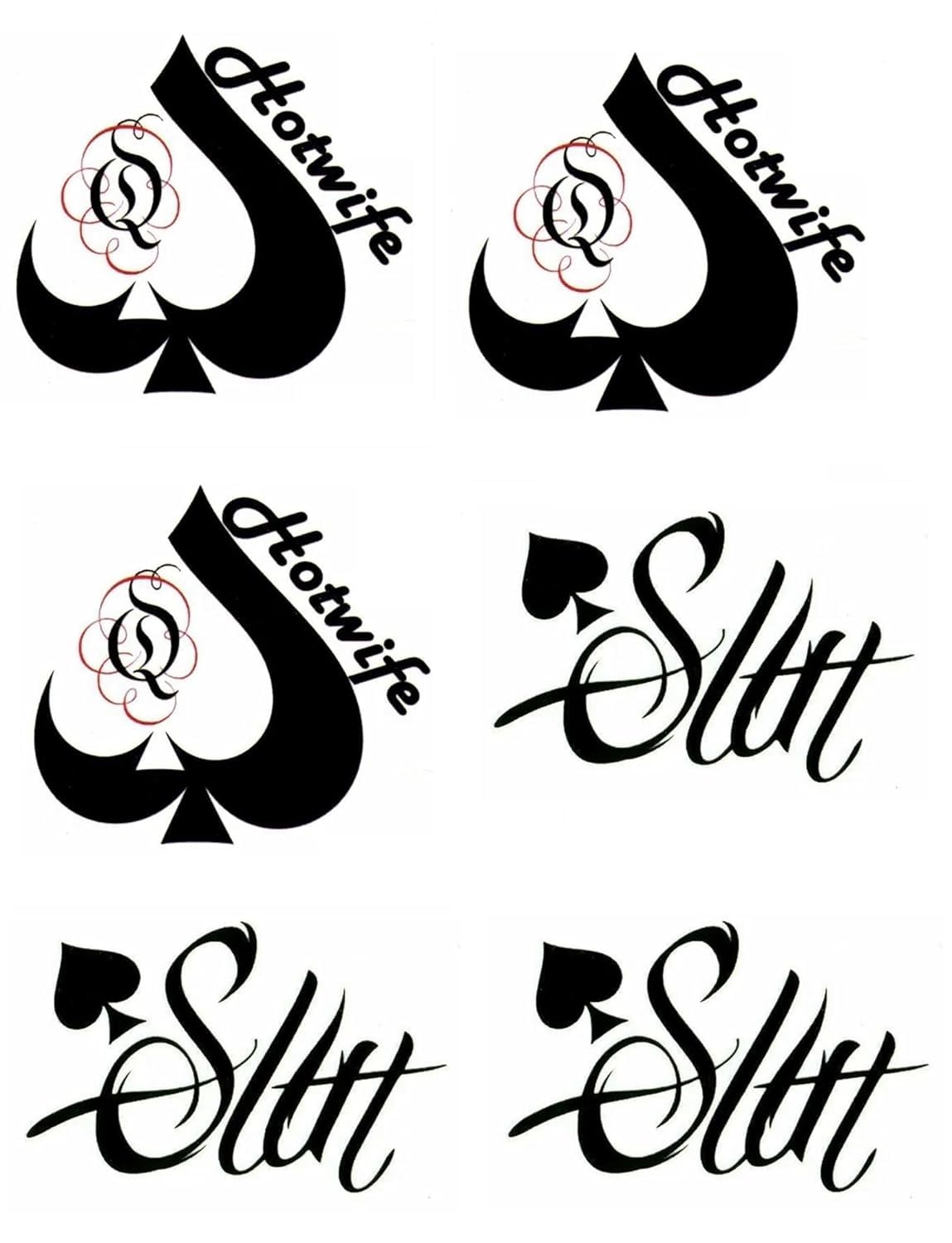 BBC Queen of Spades temporäre Tattoo-Aufkleber, insgesamt 81 (15 x 21 cm), QOS Hardcore-Wörter, Sätze, temporäre Tattoos, 4 Bögen