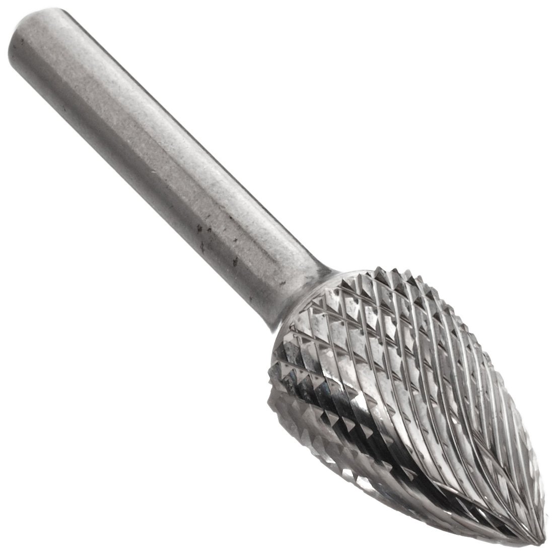 Bassett SG-3 Pointed Tree Solid Carbide Bur, Uncoated (Bright) Finish, Double Cut, Plain End, 1/4" Shank, 3/8" Head Diameter, 3/4" Head Length