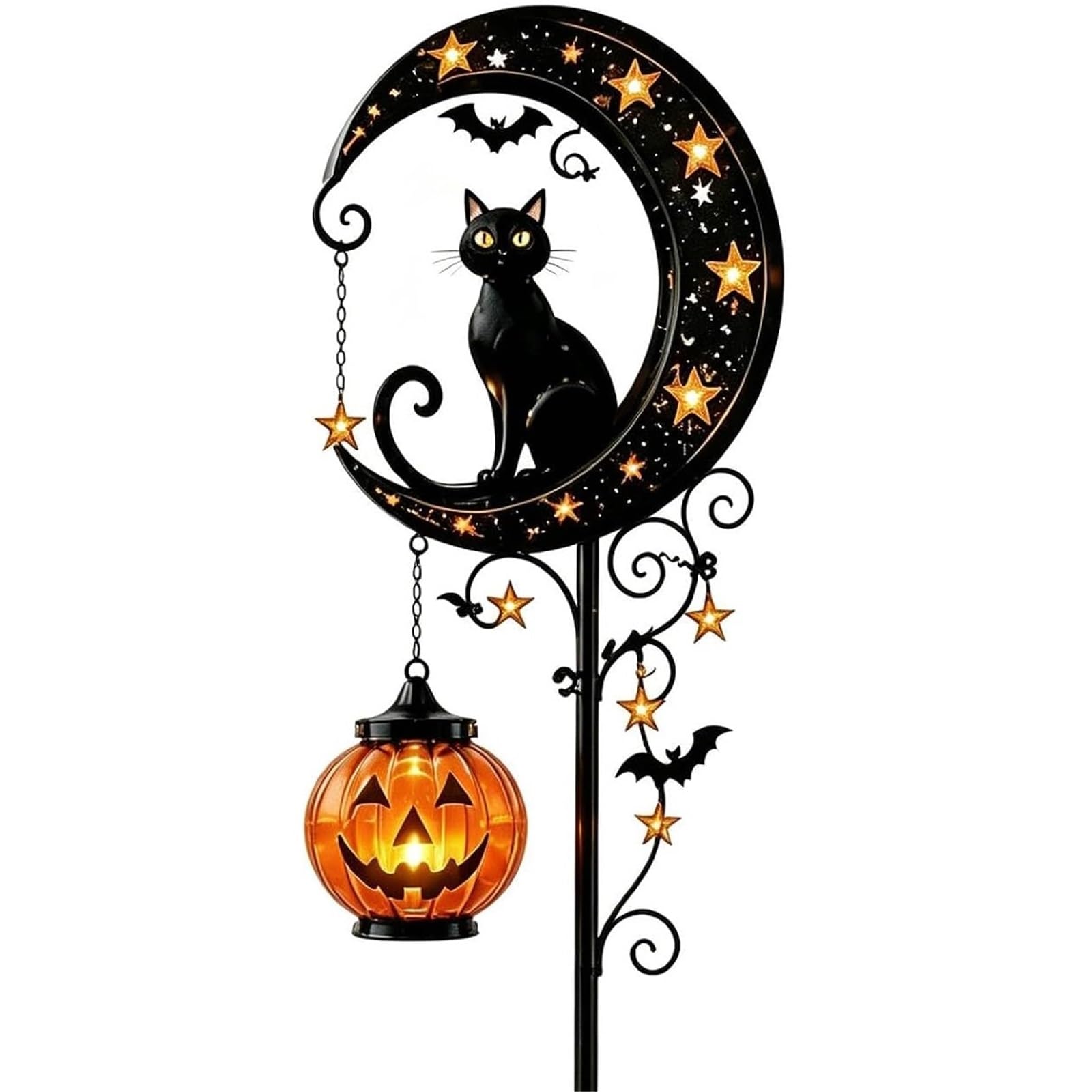 ANQKYO Solar Black Cat and Pumpkin Moon Garden Light Solar Black Cat and Pumpkin Moon Garden Stake Light, Waterproof On Crescent with Hanging Lantern
