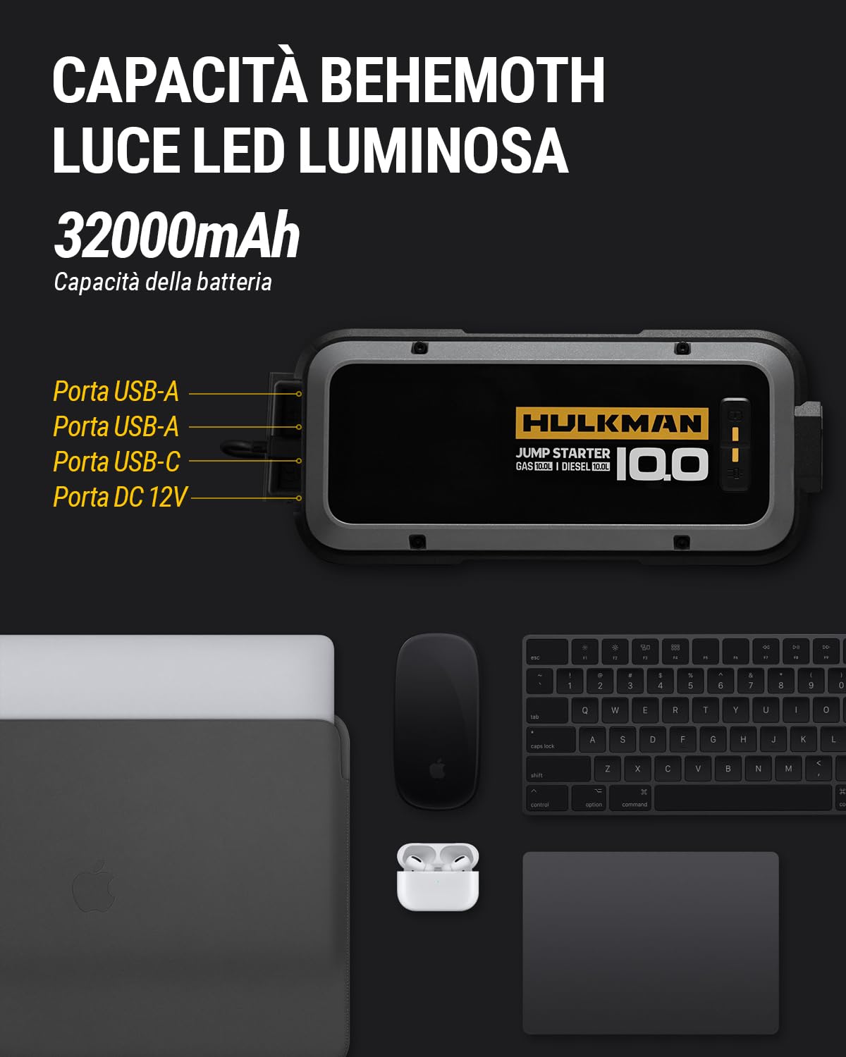 HULKMAN Alpha 100 Avviatore di Emergenza Portatile 4000A 12V Booster al Litio Professionale per Auto e Moto e Cavi di Avviamento per Motori a Benzina fino a 10L e Diesel fino a 10L