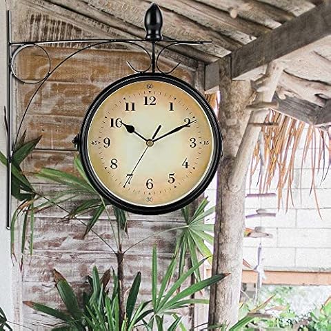NEWIMAGE Two Faces Double Sides Clock 21 cm Round Wall Hanging Double-Sided Retro Station Clock Decorative Wrought Iron Hanging Clocks for Home Décor Indoors Outdoors Cover