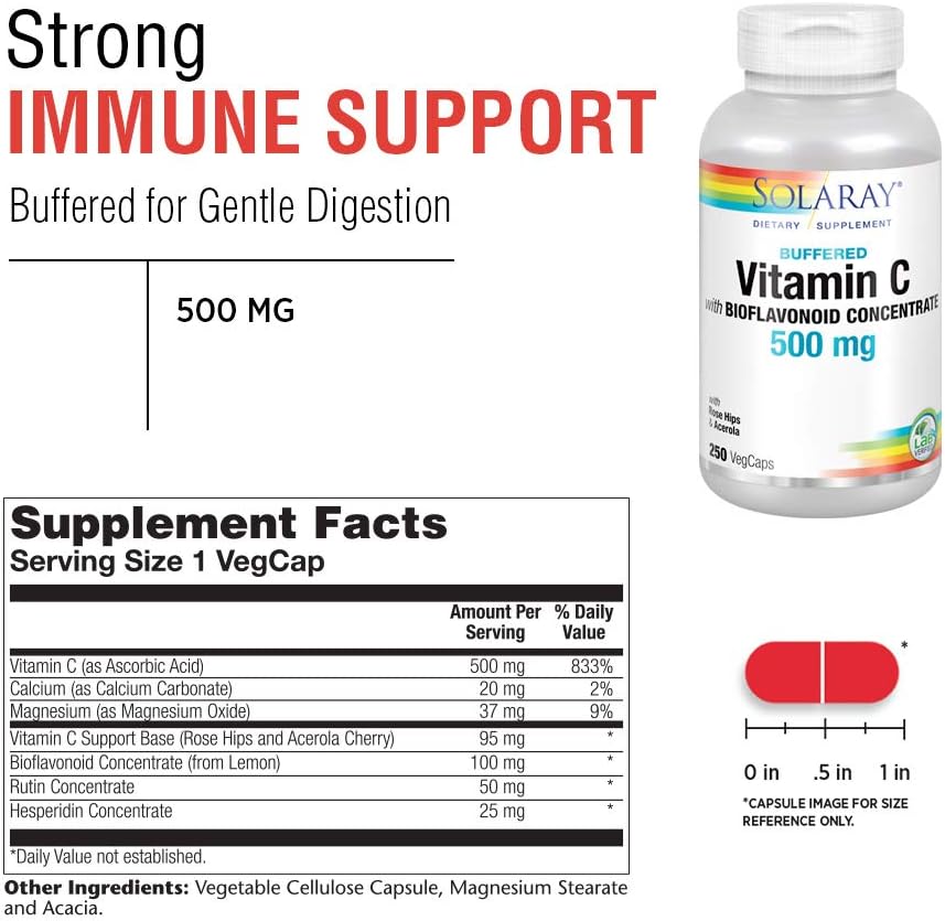 Solaray Vitamin C w/Bioflavonoid Complex 500mg Buffered for Easy Digestion Healthy Immune System, Collagen Synthesis & Antioxidant Support 250 VegCaps