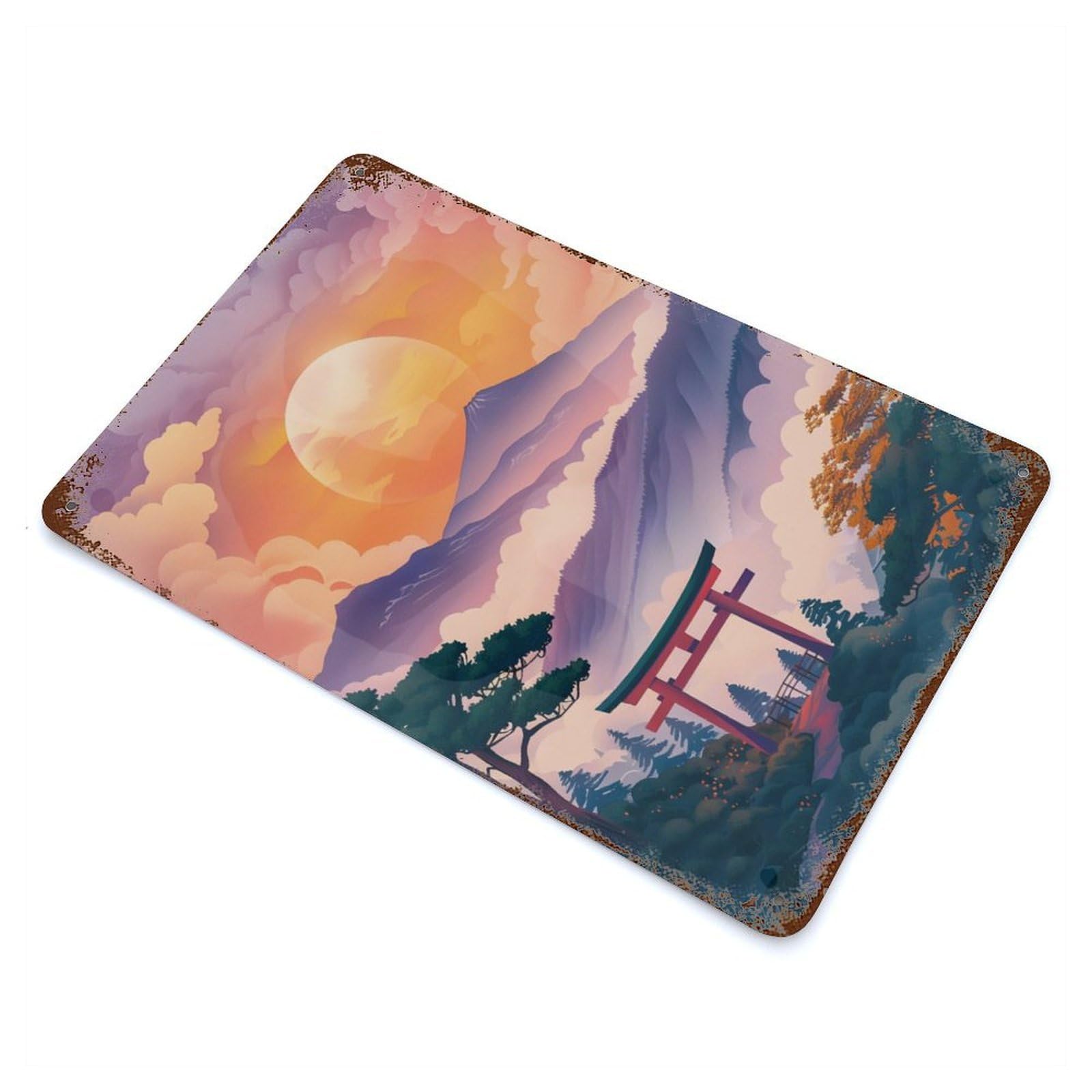 Japanese Sunset Mountain Aged Metal Wall Plaque 11.8"x7.9", for Living Room, Hallway And Home Decor, Shabby Chic Decor