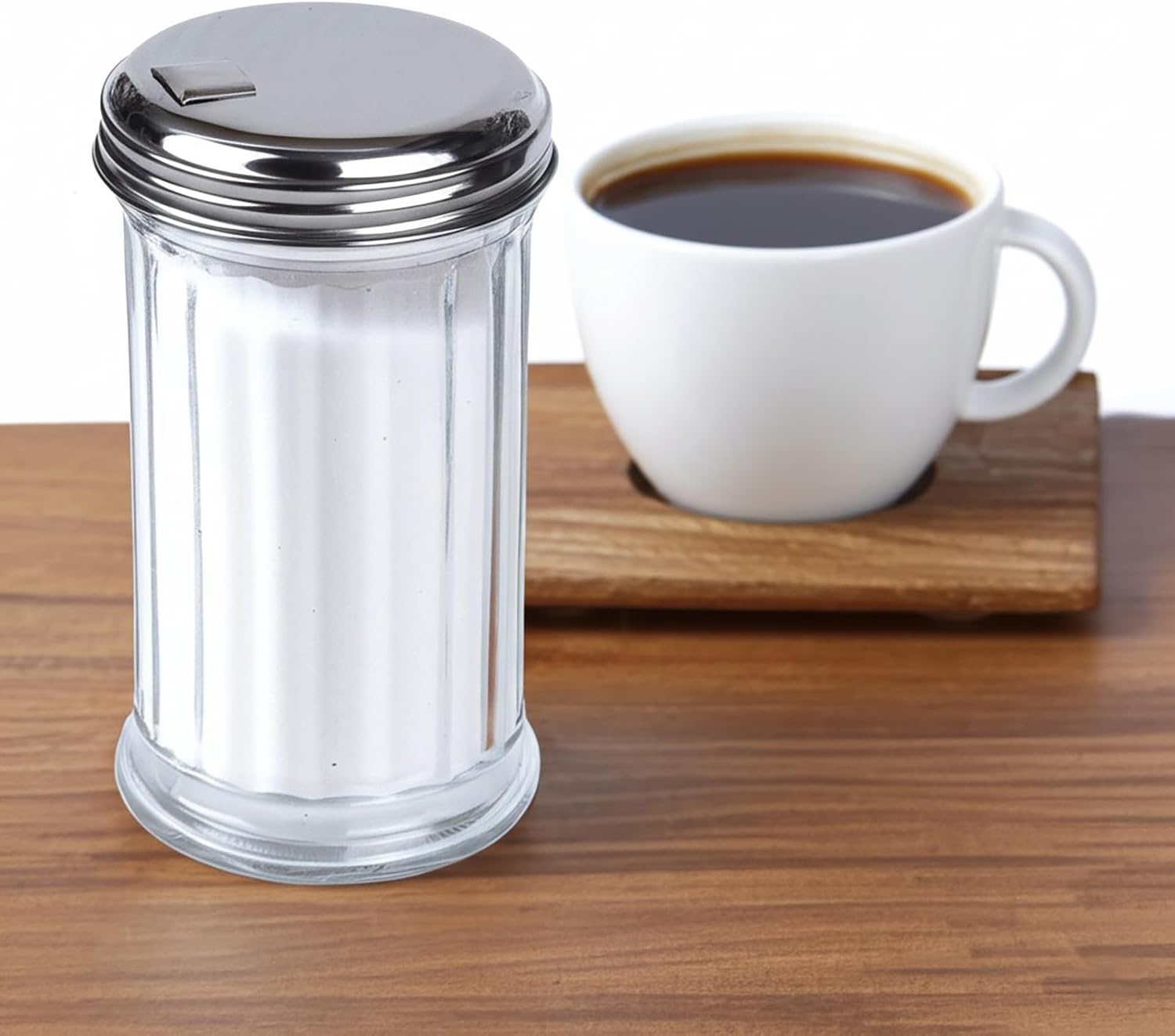 BNYD Glass Sugar Shaker Dispenser Pourer, 5.5 inch | Clear glass shaker bottle with steel pour spout. Multi-purpose tabletop dispenser for granulated sugar, cheese, or spices.