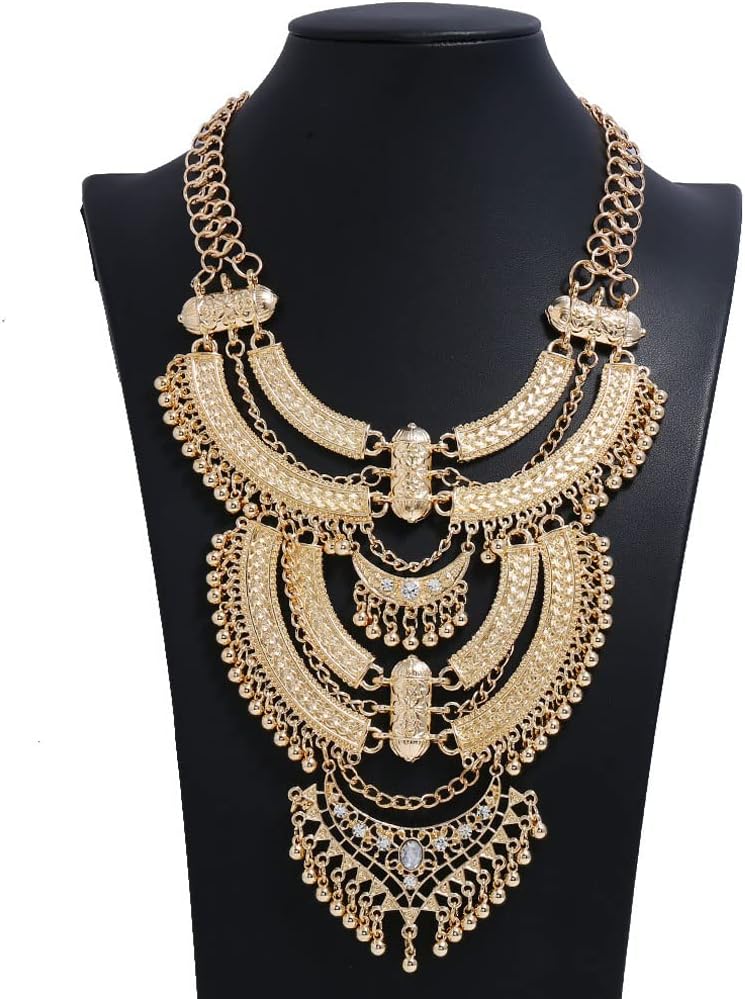 YAZILIND Clavicle Chunky Bib Necklace Layered Tassels Rhinestone Exaggerated Vintage Ethnic Long Engraved Bohemian Statement - Image 2