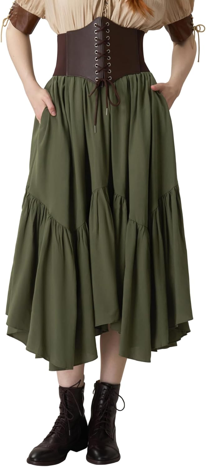 YESSA Renaissance Maxi Skirt with Corset Belt,Renaissance Costumes Pirate Medieval Skirt with Pocket,Ren Faire Costume Outfit - Image 6