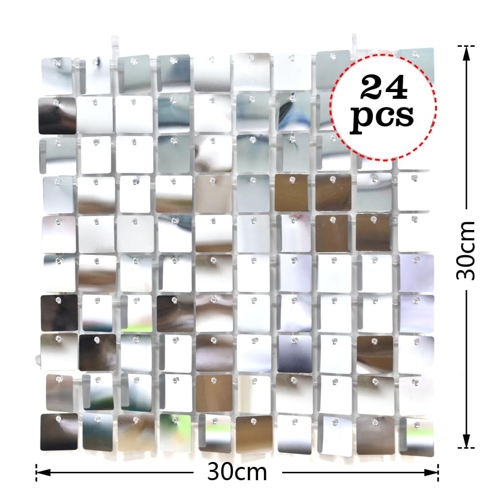 24 Stück Quadratische Pailletten Paneele Wand Dekoration Fotowand Hintergrund 30x30cm Glitzer Deko Party Zubehör Geburtstag Silberhochzeit Fotowand -Silbrig