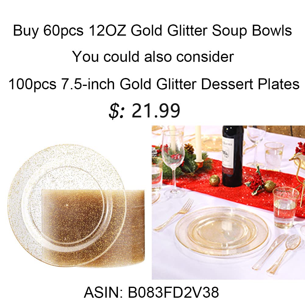 Liacere 60Pieces Gold Plastic Bowls-Disposable Gold Glitter Dessert Bowls-12OZ Premium Plastic Soup Bowls for Wedding &Parties