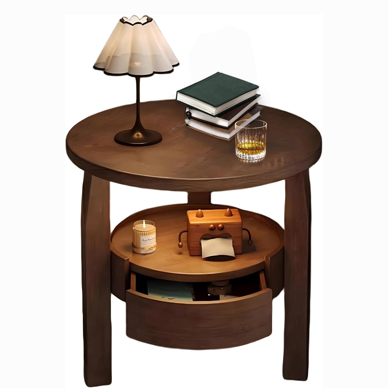 SXZenSpace Round Coffee Table with Hidden Drawer I End Storage, Living Small Bedside Table, Brown Lounge Dining by Bay Window for Room Bedroom Study