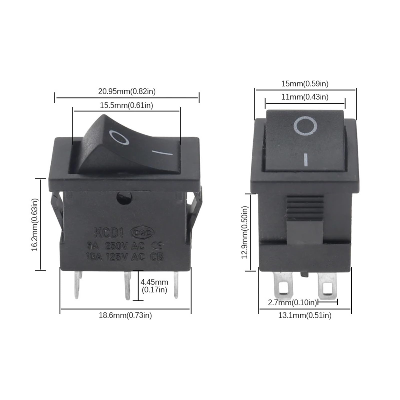 10 Uds 6A/250V 10A/125V 6 pines 21 * 15mm 2 posiciones 3 posiciones interruptor basculante de barco encendido apagado KCD1 negro 21x15mm AC(6Pin ON-OFF)