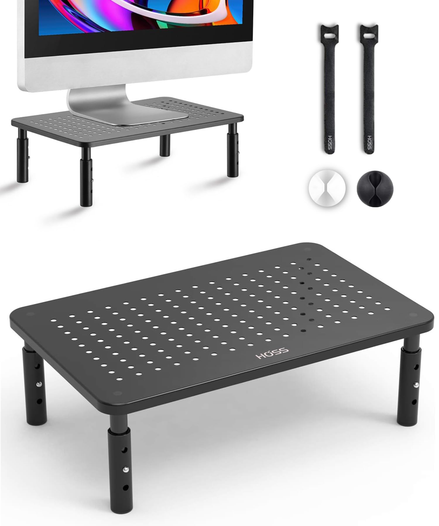 Hoss® Monitor Stand For Desk - Three Level Height Adjustable with Cable Management | For Monitors 24",27",29" and 32" Inch | Laptop Stand | CPU | Printer | Desk Organizer -Black [1-Pack]