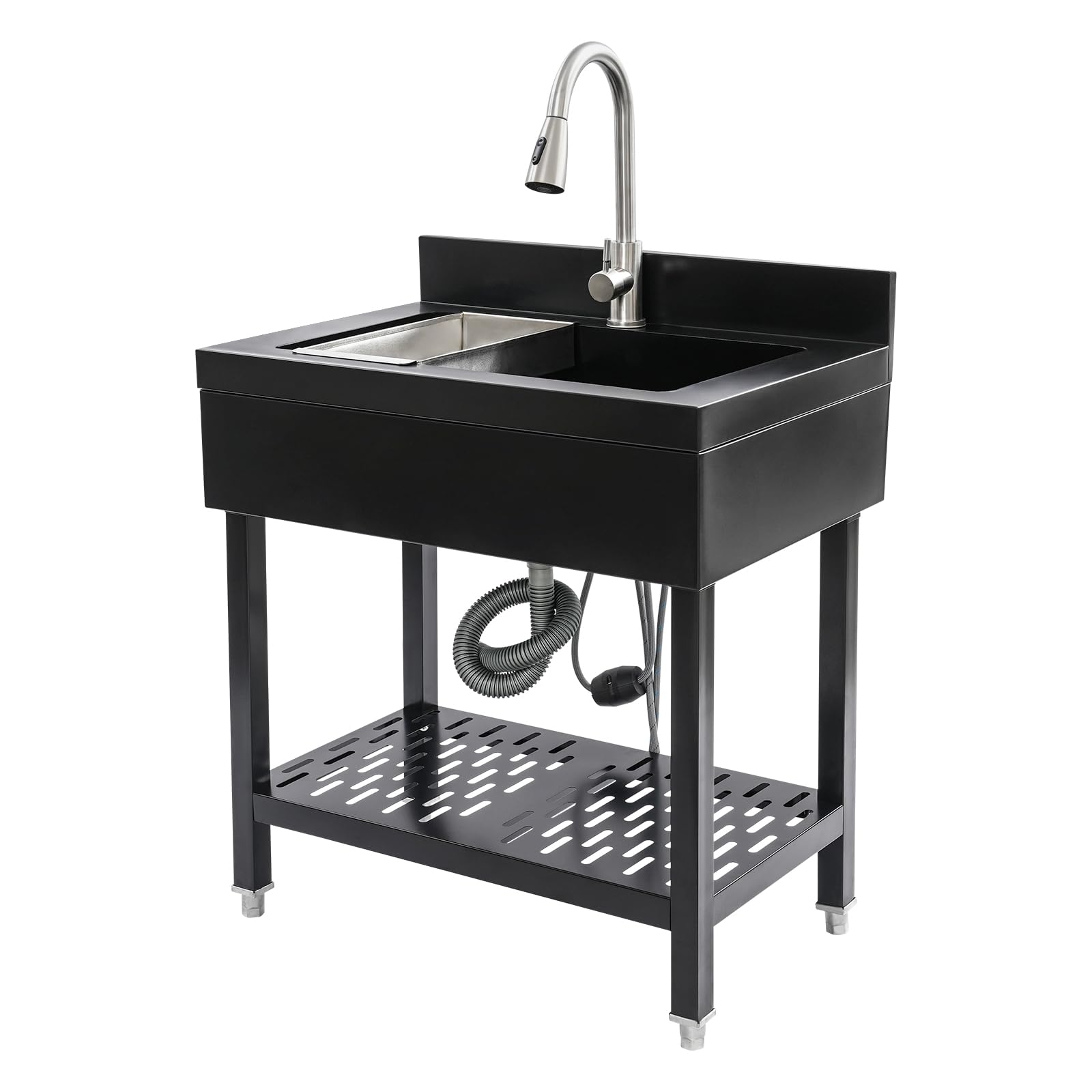 Freistehende Edelstahl Spültisch Gastro Gewerbliche Spülbecken mit Wasserhahn, Ablassvorrichtung, Waschbecken Freistehend, Küchenspüle für Restaurant, Cafe (Schwarz)