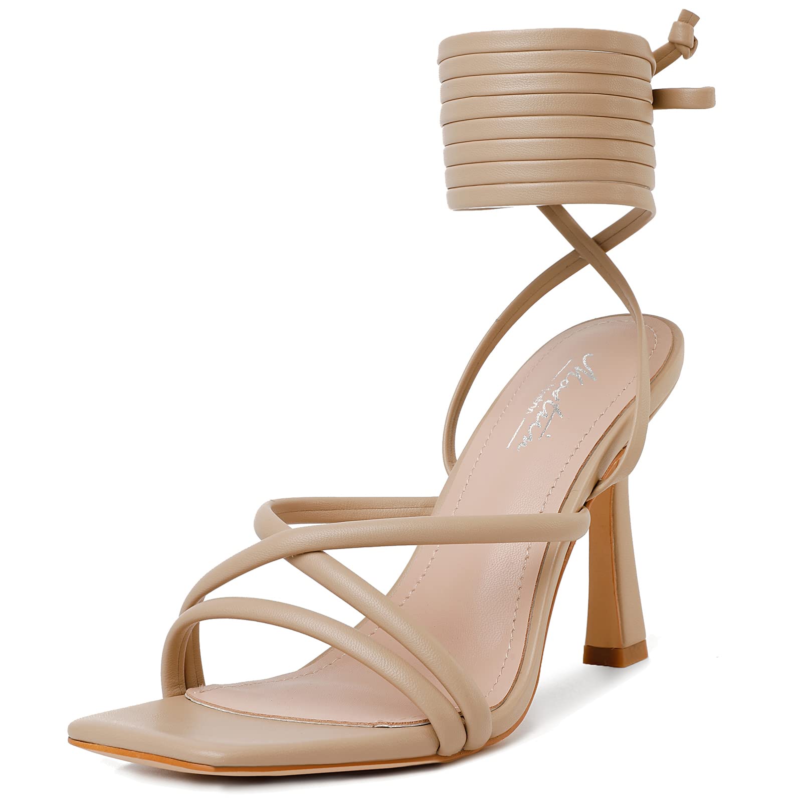 Mostrin Womens Sandals Strappy Heels for Women Lace Up Square Open Toe Heels Tie Up High Heeled Sandals for Prom, Party, Daily Wear