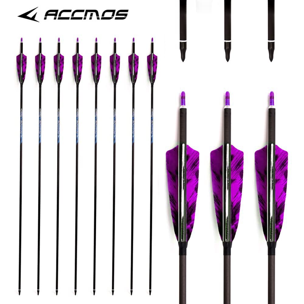 ACCMOS 6pz Blanco Púrpura Pluma Flechas de Caza Spine 250 300 340 400 500 600 700 800 ID 6.2 mm 4" Pluma de Pavo de Camo 27-33 Pulgadas para Arco y Flecha Tiros
