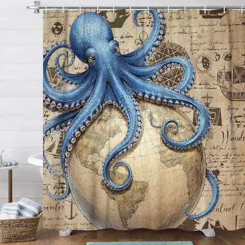 Image of Vintage Nautical Octopus Shower Curtain, Navy Blue Funny Ocean Shower Curtains for Bathroom, Sailing Boat Anchor Coastal Map Bath Curtain Waterproof Fabric with 12 Hooks 72x84 Inch