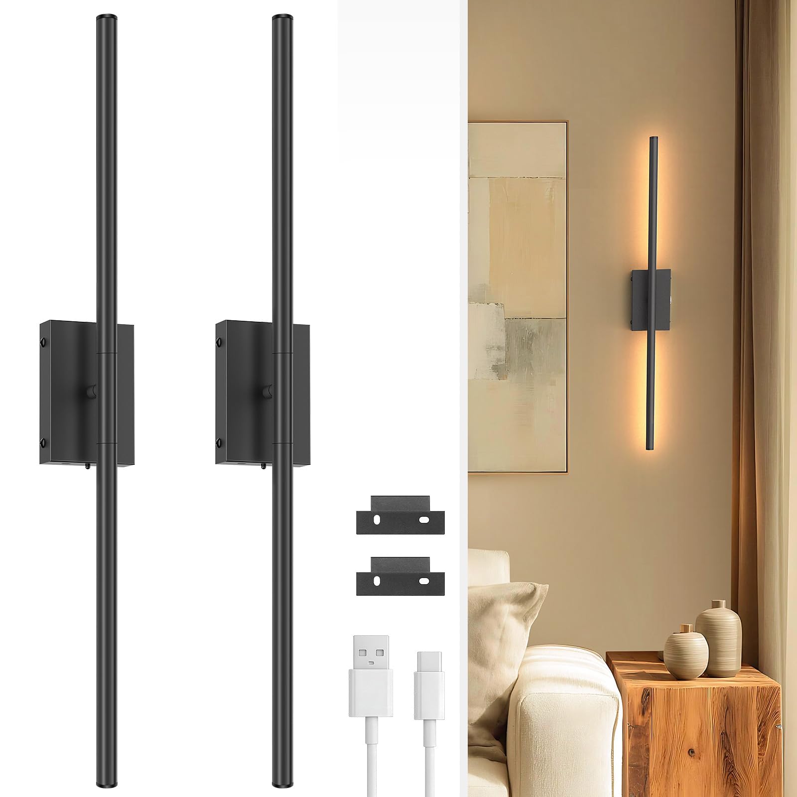 NIORSUN 70CM Battery Operated Wall Lights, Black Rechargeable Wall Lights with Remote, 3 Color Temperature Dimmable Wireless Wall Light, Detachable Wall Sconces for Living Room Bedroom Hallway