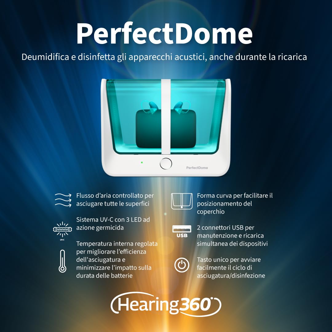 PerfectDome deumidificatore e sterilizzatore UV-C per apparecchi acustici
