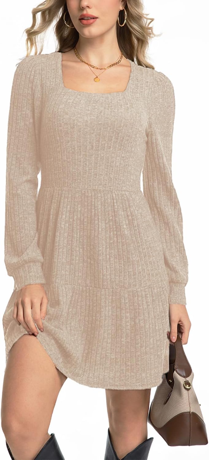 Womens Long Sleeve Sweater Dress Fall Dresses Square Neck Knit Babydoll Casual Dresses