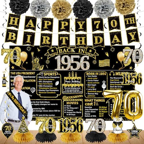 Zirtorei 70th Birthday Decorations for Men Women 21pcs the Year 1956 Banner Balloon Party Supplies Black Gold 70 Year Old Birthday Backdrop 70 Bday Honeycomb Centerpiece Hanging Swirls Sash Gifts