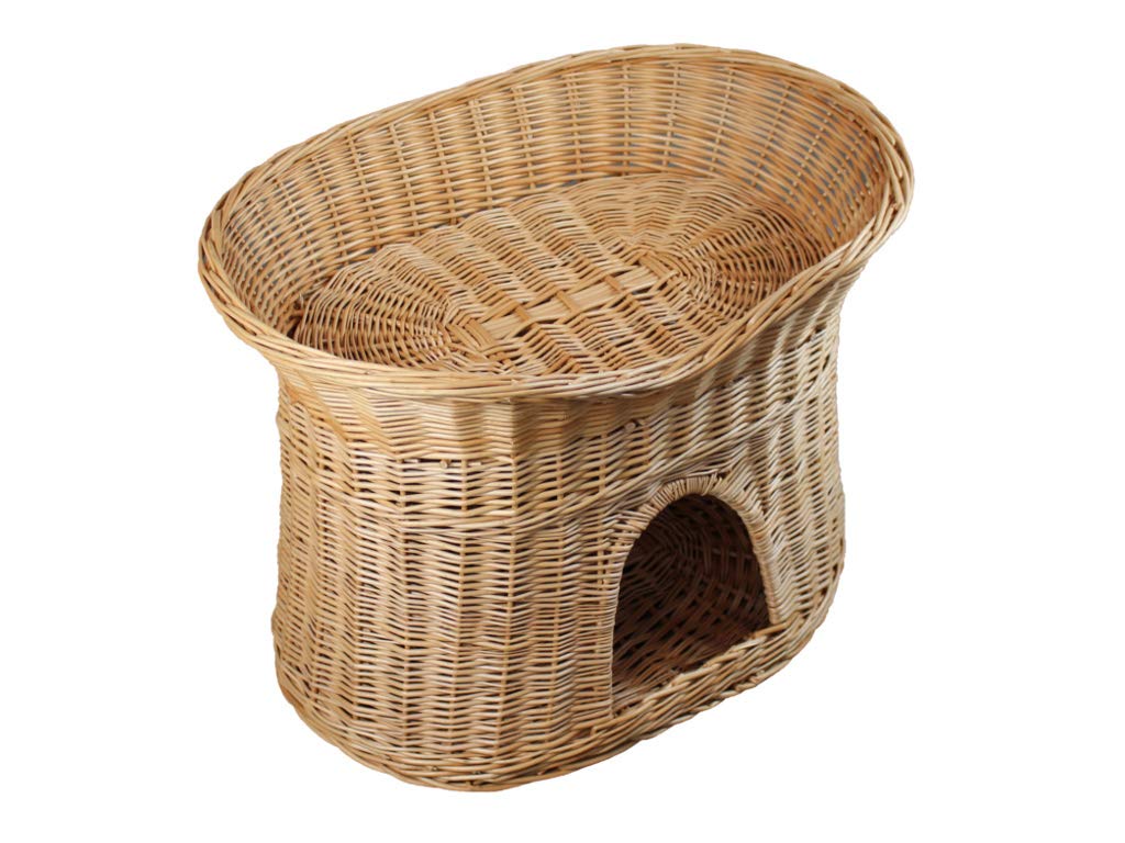 Katzenkorb zum Schlafen – Katzenhütte Indoor – Größe L: 60 cm oval – Katzenhöhle aus Weide – Zweistöckiger Hunde – oder Katzenbett mit waschbaren Kissen in Ecru – Natürliche Korbfarbe