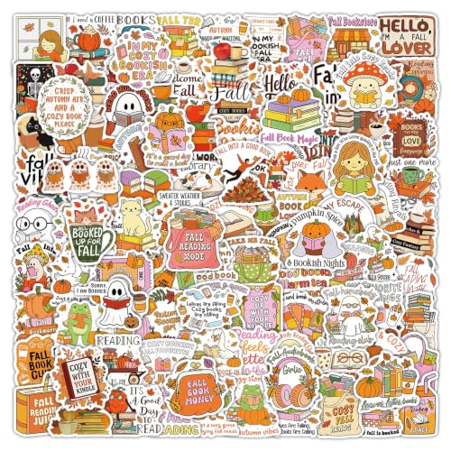 Image of 130Pcs Autumn Bookish Stickers for Kindle, Funny Halloween Ghost & Pumpkin Reading Stickers for Book Lover Gifts, Fall Book Vinyl Waterproof for Laptop Journal Scrapbook Water Bottle Journal
