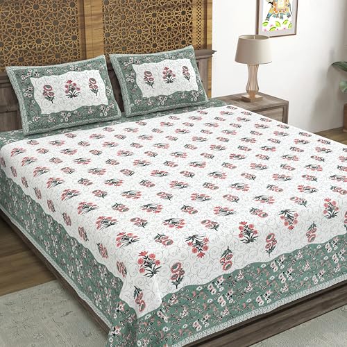 Image of BLOCKS OF INDIA Hand Block Printed 300 TC Cotton Super King Size Bedsheet(106 x 106) (GAD Green)