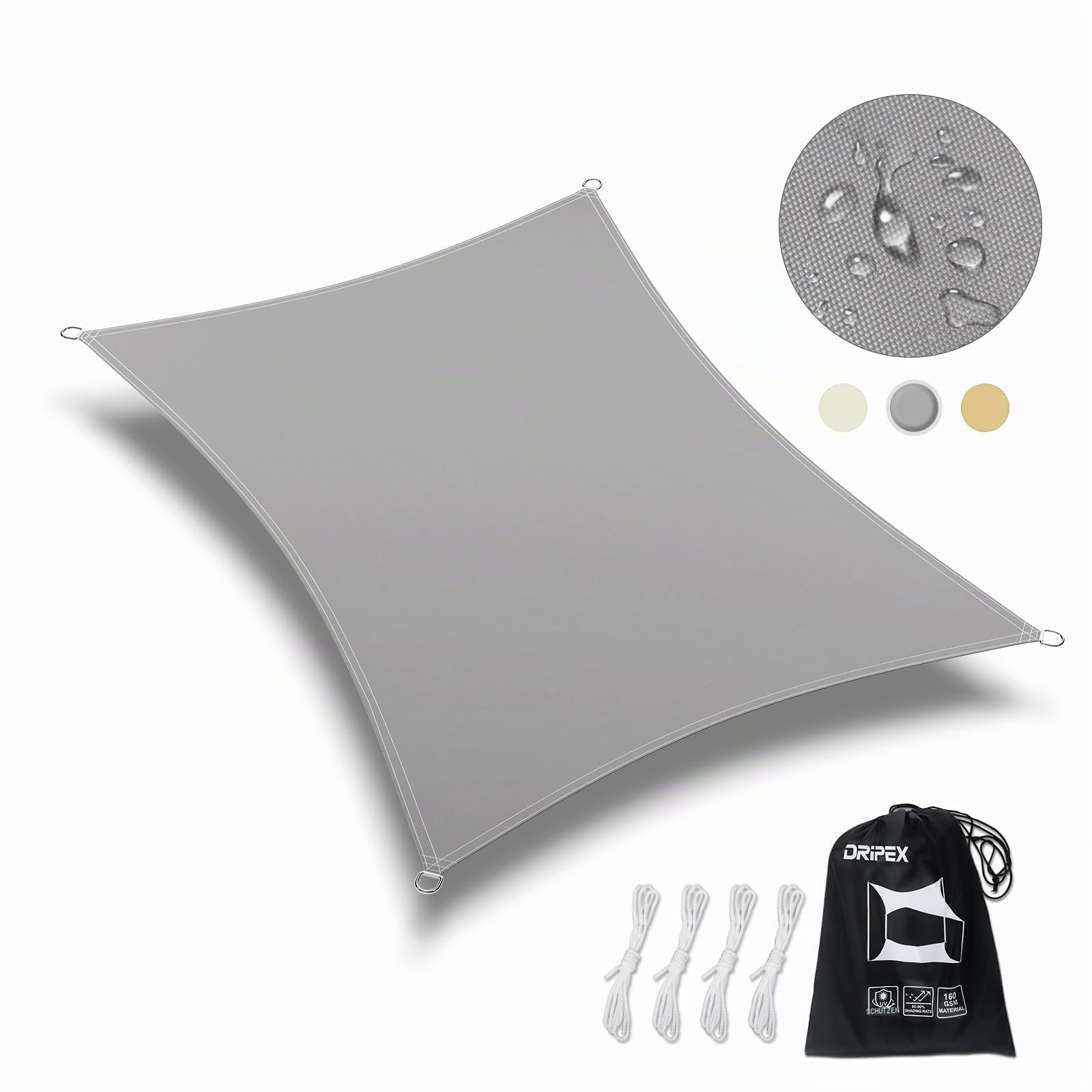 Dripex Sonnensegel wasserdicht Sonnenschutz 3X3m - Rechteckig 95% UV Schutz | Grau