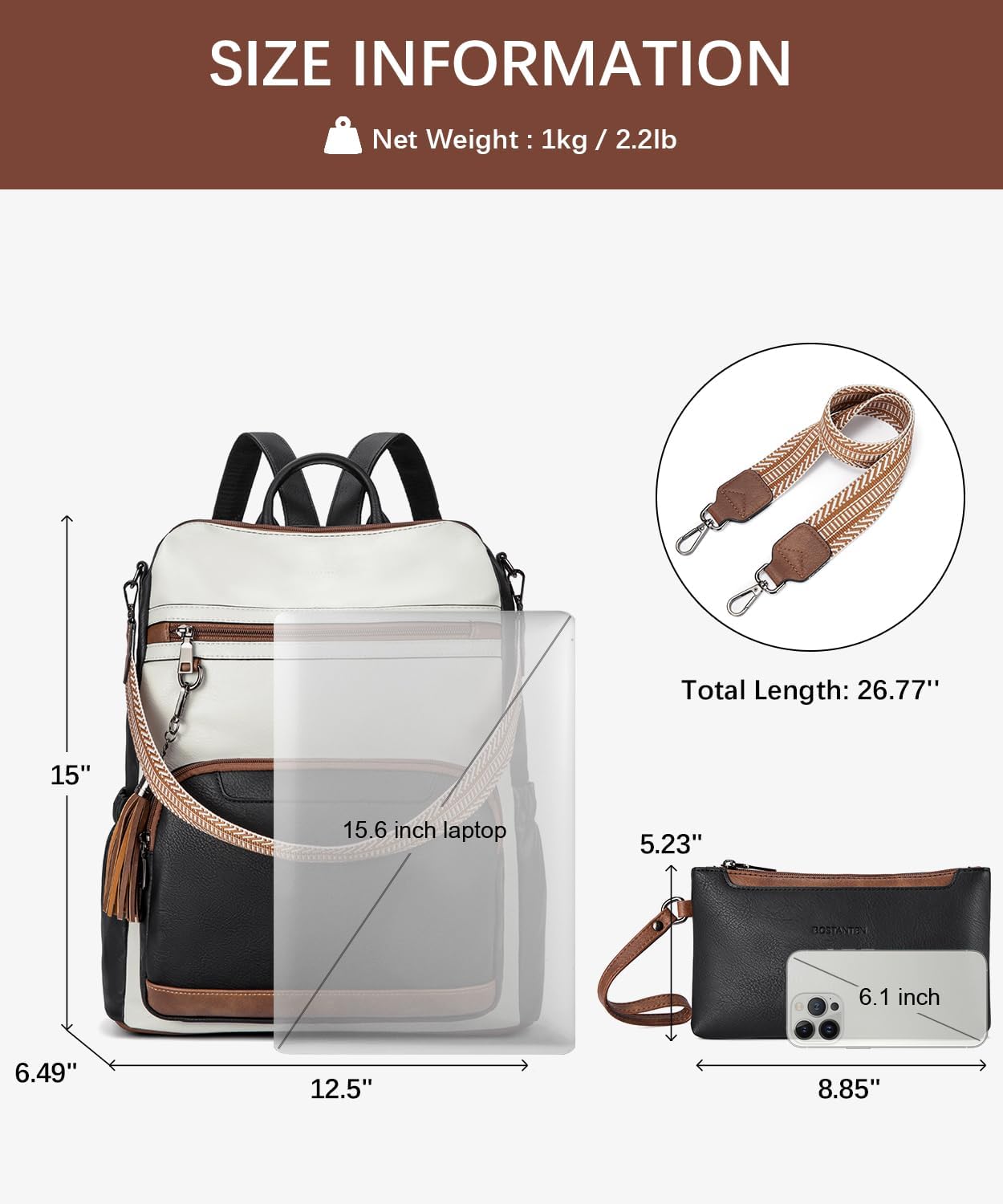 BOSTANTEN Leather Laptop Backpack for Women Designer Travel Backpack with Laptop Compartment Ladies Computer Shoulder Bags Black＆Beige＆Brown - Image 4