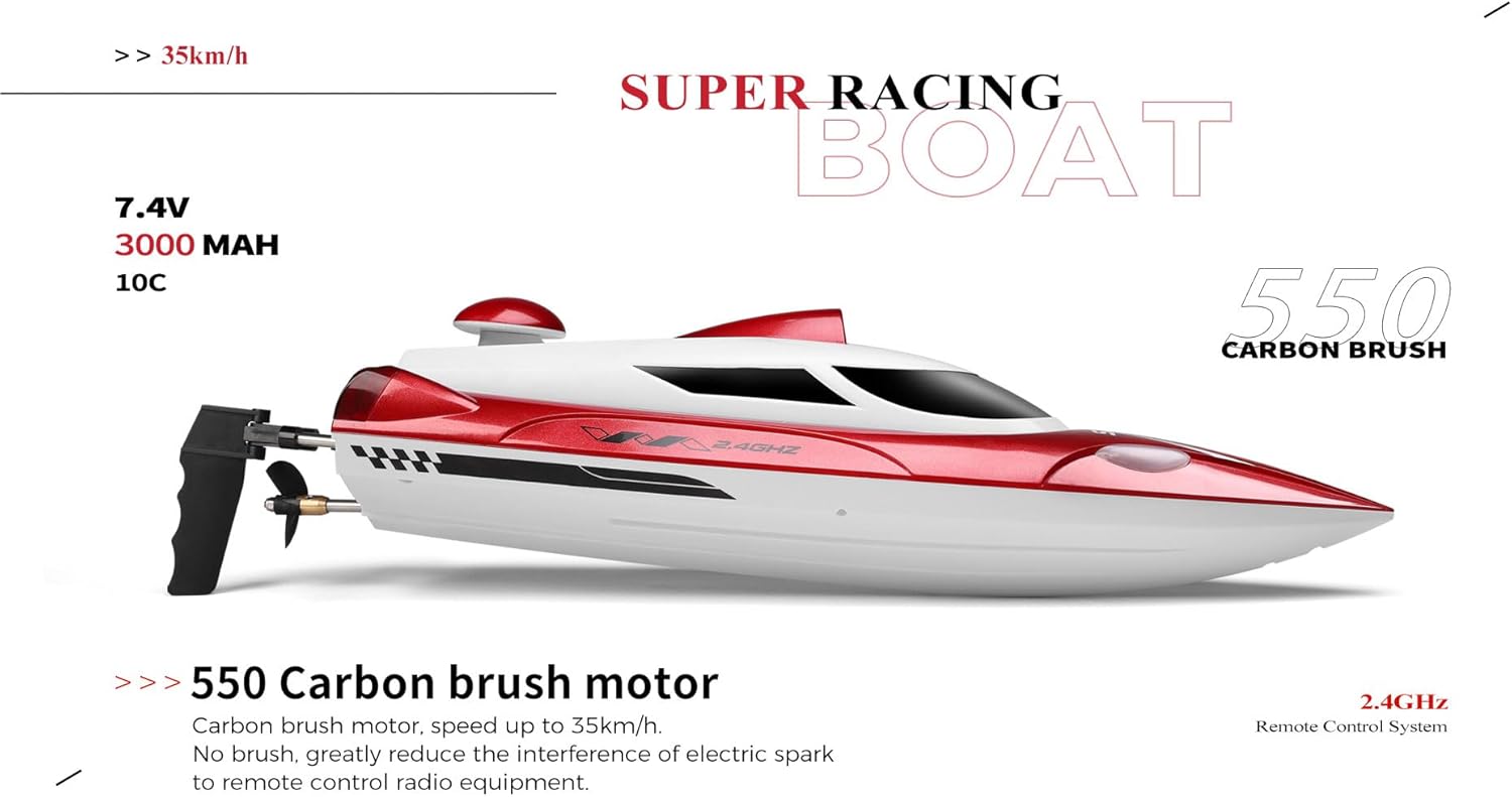 Remote-Controlled Boat 35km/h, 550 Carbon Brush Motor, Water Cooling, 2.4GHz 200m Range, Auto-Righting, Crash Shield, Night Lights, 7.4V 3000mAh, 46.9cm, for Ages 15+