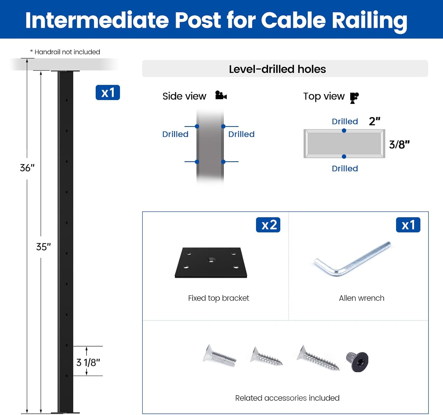 Muzata Black Super Thin Intermediate Cable Railing Post 36 Inch 36"x3/8"x2" Level Drilled Surface Mount T304 Stainless Steel Cable Railing System Kit Indoor Outdoor PS32 BH4S