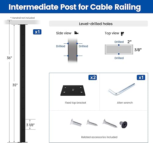 Miniatura 10 de Muzata Paquete de 4 postes intermedios superfinos de 36 x 38 x 2 pulgadas (cuerpo de poste de 35 pulgadas), poste de barandilla de cable perforado