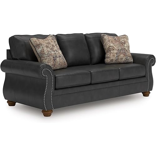 Signature Design by Ashley Shadsburne Rustic Faux Leather Sofa with Nailhead Trim and 2 Chenille Throw Pillows, Pillows with Soft Polyfill, Reinforced Frame for Added Stability, Black