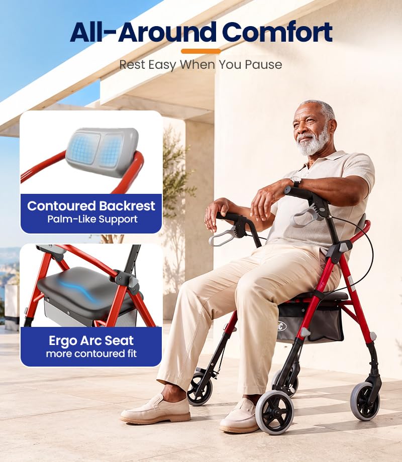 Image of VOCIC Z11 Rollator Walkers for Seniors with Seat, 500 LBS Load, Ultra Wide | High-capacity support, 23 inch wide frame, ergonomic seat, dual brakes, and slim fold for home, shopping & daily walks, Red