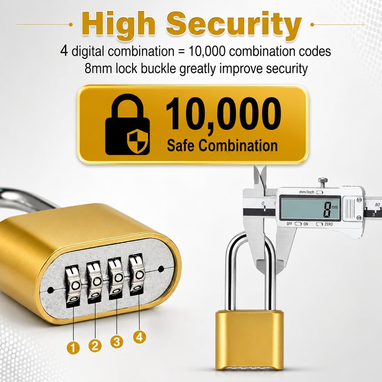 Heavy Duty 4-Digit Combination Padlock Brass | Resettable Code Lock with 10,000 Combinations & 8mm Alloy Steel Long Shackle | High Security Metal Padlock for Gym, Locker, Gate & Travel (Gold) — Amazon image 6