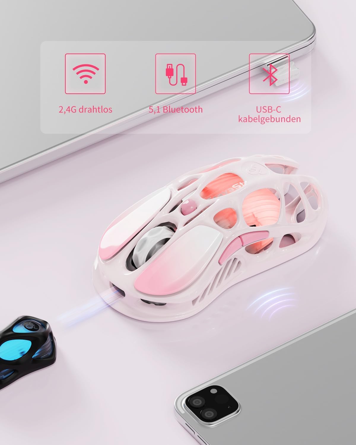 GravaStar Mercury M1 Pro bezprzewodowa mysz do gier, czujnik PAW3395DM 26 000 DPI, stop magnezowy, przewodowa, 2,4 GHz, Bluetooth, 5 programowalnych przycisków, bateria do 200 godzin, gradient różowy