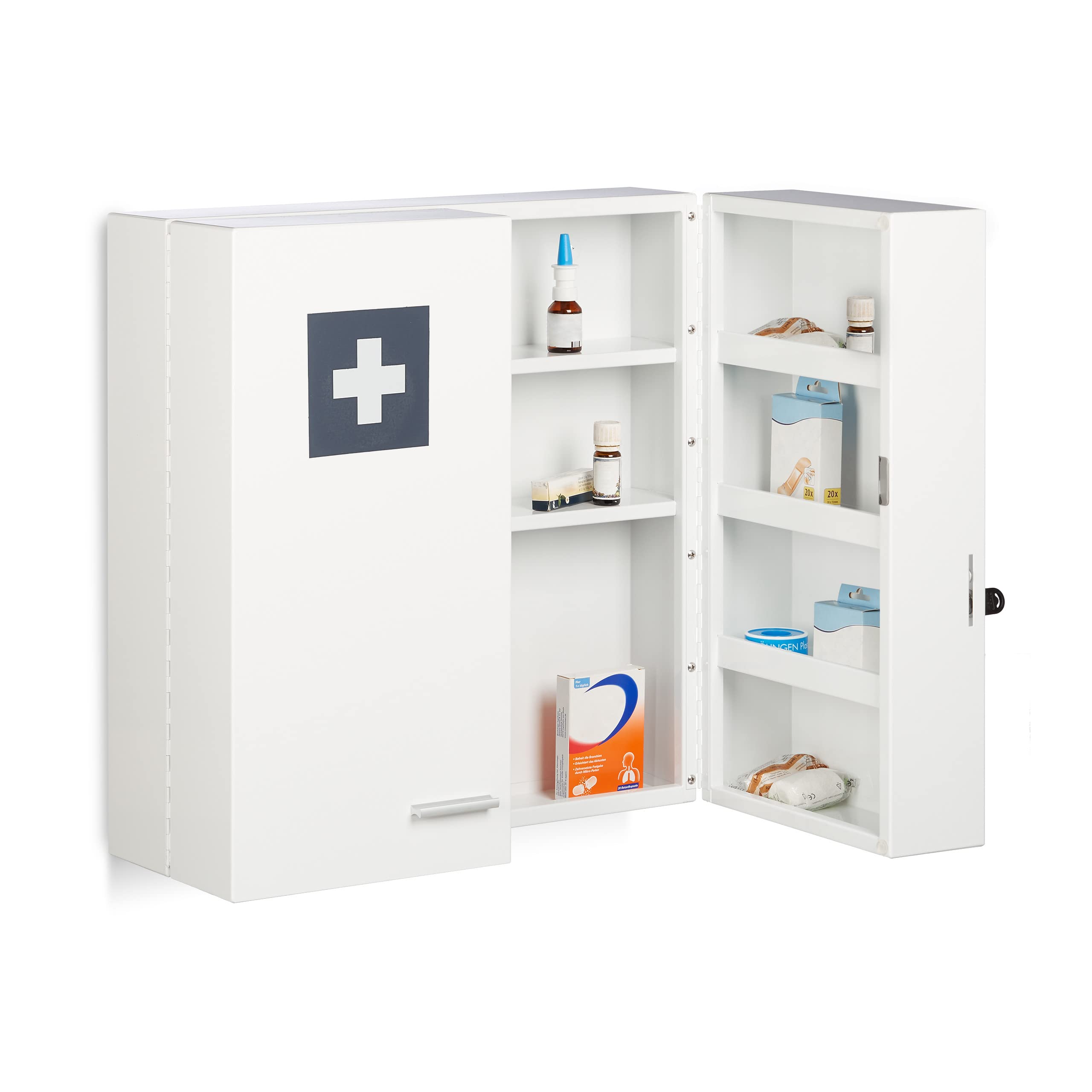 Relaxdays Armadietto Medicinali, 11 Scomparti,per Medicine, in Acciaio, HLP: 53x53x21,5 cm, 2 Ante con Serratura, Bianco
