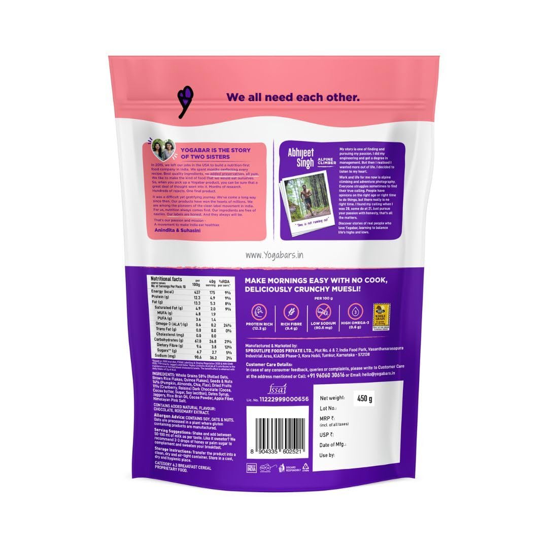 Yogabar Wholegrain Breakfast Muesli 900g (450g x 2), Dark Chocolate Cranberry, 25% Dry Fruits, Nuts and Seeds | Healthy Breakfast Cereals | Gluten Free | Healthy Food for Breakfast | Protein Rich