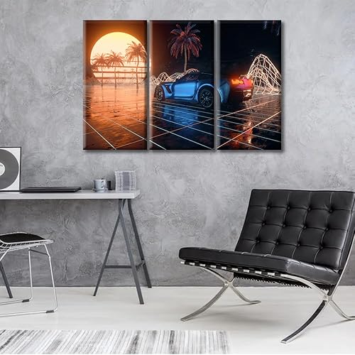Miniatura 2 de Cyberpunk City Through Neon - Cuadro abstracto para decoración de pared, 3 paneles de los años 80, fondo retro para decoración de pared para