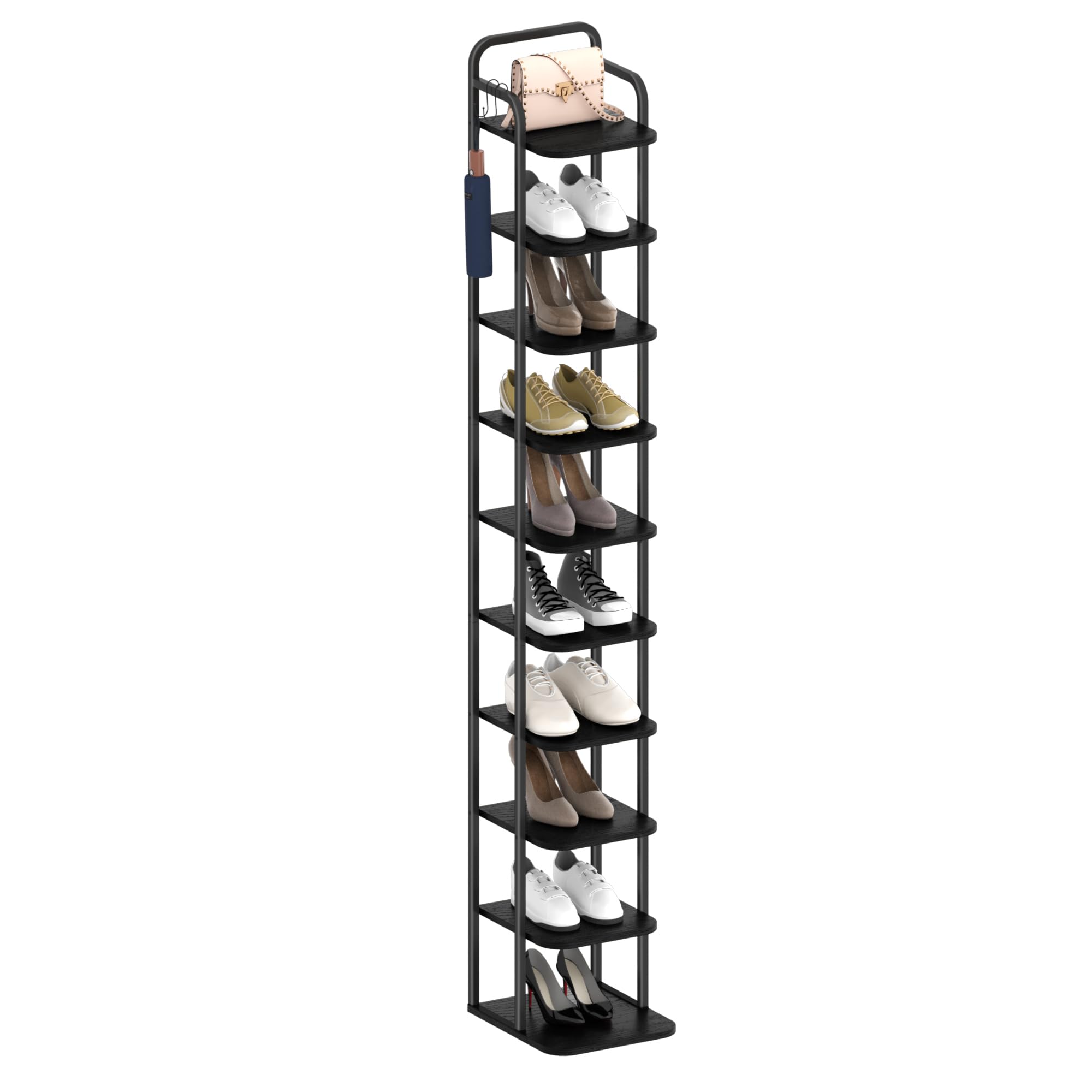 Hzuaneri Vertical Shoe Rack, Shoe Shelves, Wood Shoes Organizer for Closet, Entryway, Shoes Tower for Small Spaces, Freestanding, with 2 Hooks, Black, 10 Tier(26.5Wcm) SR11204B — image 1