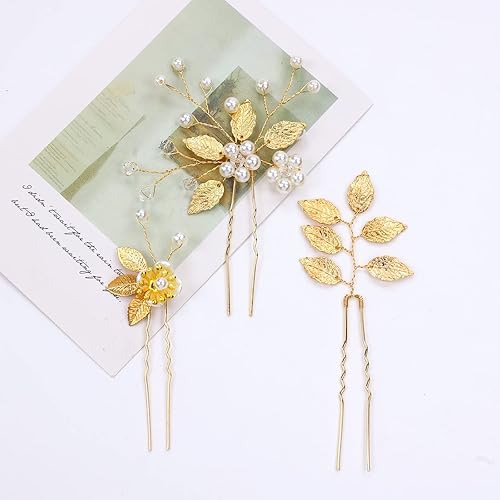Miniatura 7 de inSowni 12 piezas de horquillas de metal dorado en forma de U para boda, hojas de perlas, diamantes de imitación, flores y diamantes de imitación,