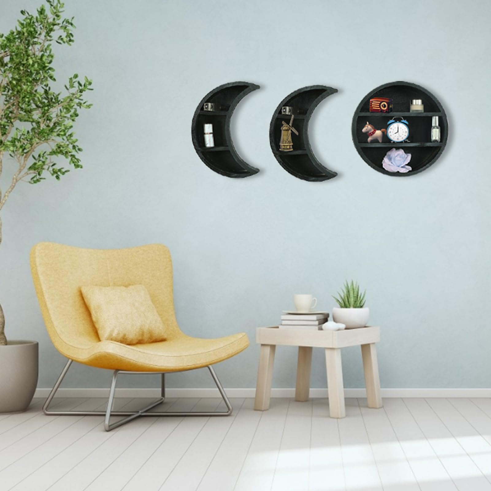 Mensole a forma di luna decorativa da parete, espositore galleggiante a