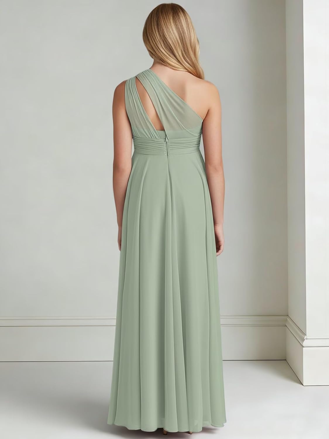 Chiffon Junior Bridesmaid Dresses for Teen Pleated One Shoulder Flower Girl Dress for Wedding Party Gown MV005