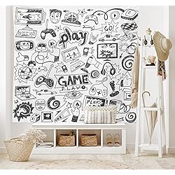 Cubrecamas Para Adolescentes ABAKUHAUS Videojuegos Tapiz de Pared y Cubrecama Suave, Diseño MonocromáticoBosquejo Juegos Carrera Monitor Aparato Adolescente 90's, Estampado Digital Vívido, 230 x 140 cm, Blanco