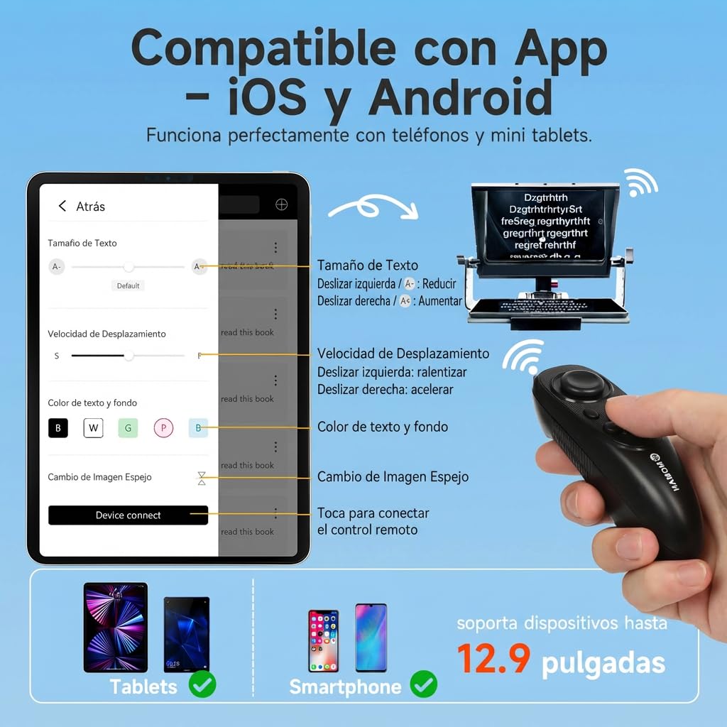 Moman MT12 Teleprompter Metálico de 12,9 Pulgadas, con App Remota y Control Remoto, Soporte Ajustable - Compatible con iPad, iPhone, Tabletas, Smartphones y Cámaras DSLR